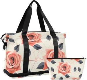 ALAZA Rose Geometric Beige Background Gym Bag Sports Duffel Bag with Shoes Compartment, Overnight Weekender Travel Tote Bag for Women Men Trip College
