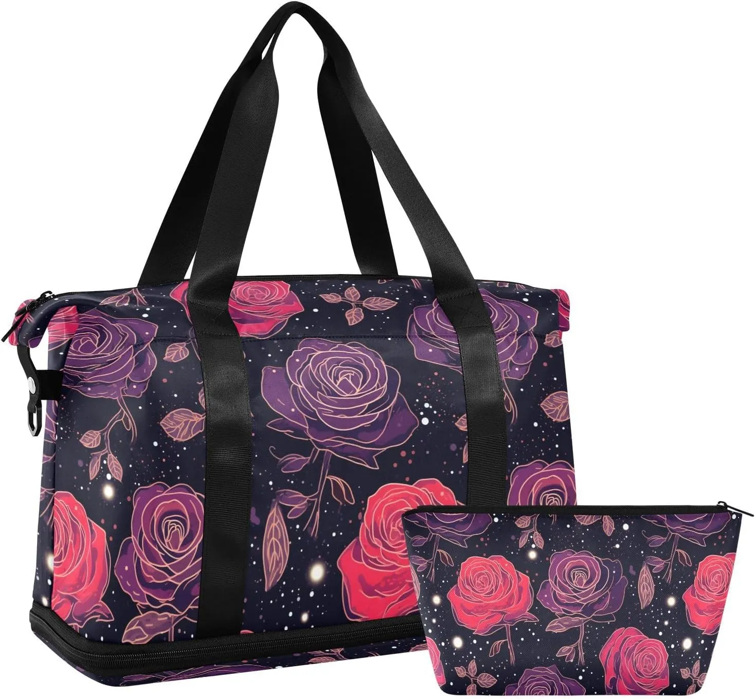 ALAZA Rose on Galaxy Background Gym Bag Sports Duffel Bag with Shoes Compartment, Overnight Weekender Travel Tote Bag for Women Men Trip College