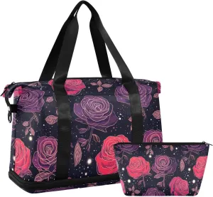ALAZA Rose on Galaxy Background Gym Bag Sports Duffel Bag with Shoes Compartment, Overnight Weekender Travel Tote Bag for Women Men Trip College