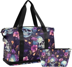 ALAZA Skull and Flowers Florals Gym Bag Sports Duffel Bag with Shoes Compartment, Overnight Weekender Travel Tote Bag for Women Men Trip College