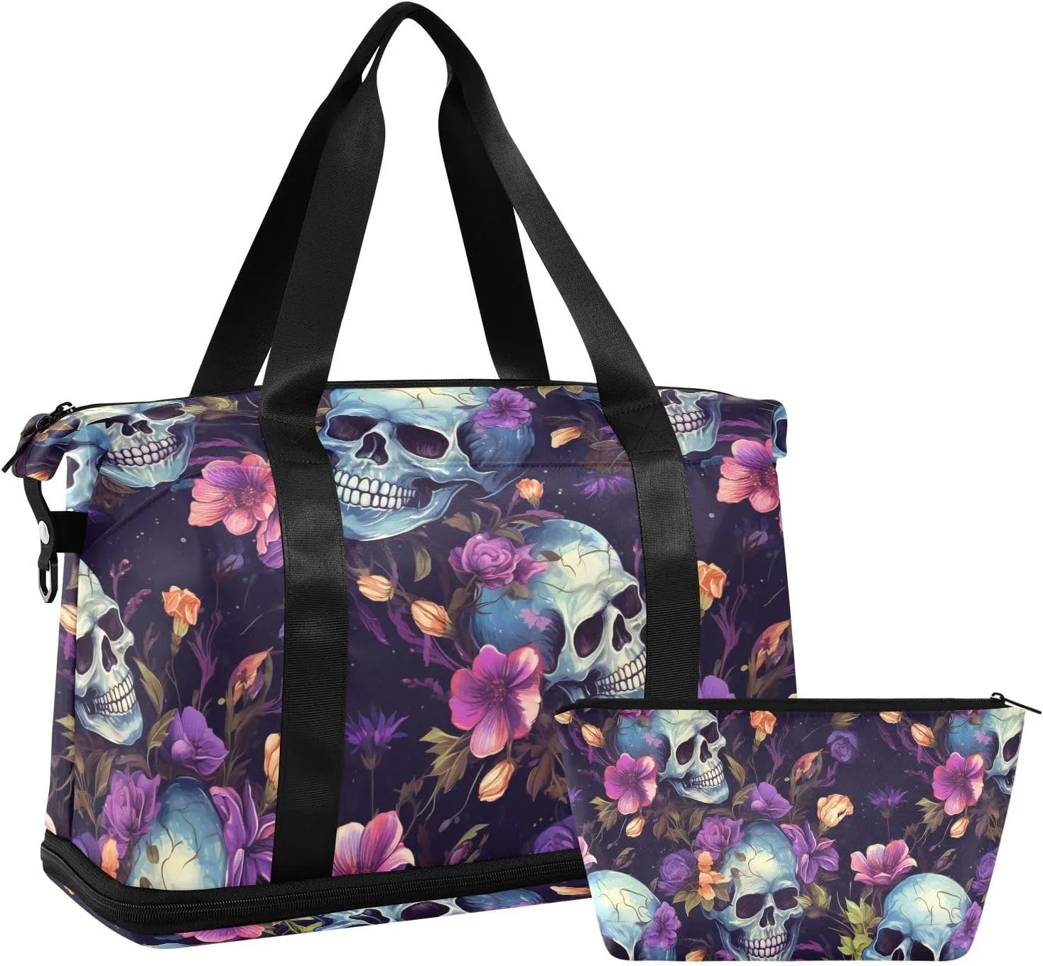 ALAZA Skull and Flowers Florals Gym Bag Sports Duffel Bag with Shoes Compartment, Overnight Weekender Travel Tote Bag for Women Men Trip College
