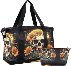 ALAZA Vintage Cactus Sunflower Skull Gym Bag Sports Duffel Bag with Shoes Compartment, Overnight Weekender Travel Tote Bag for Women Men Trip College