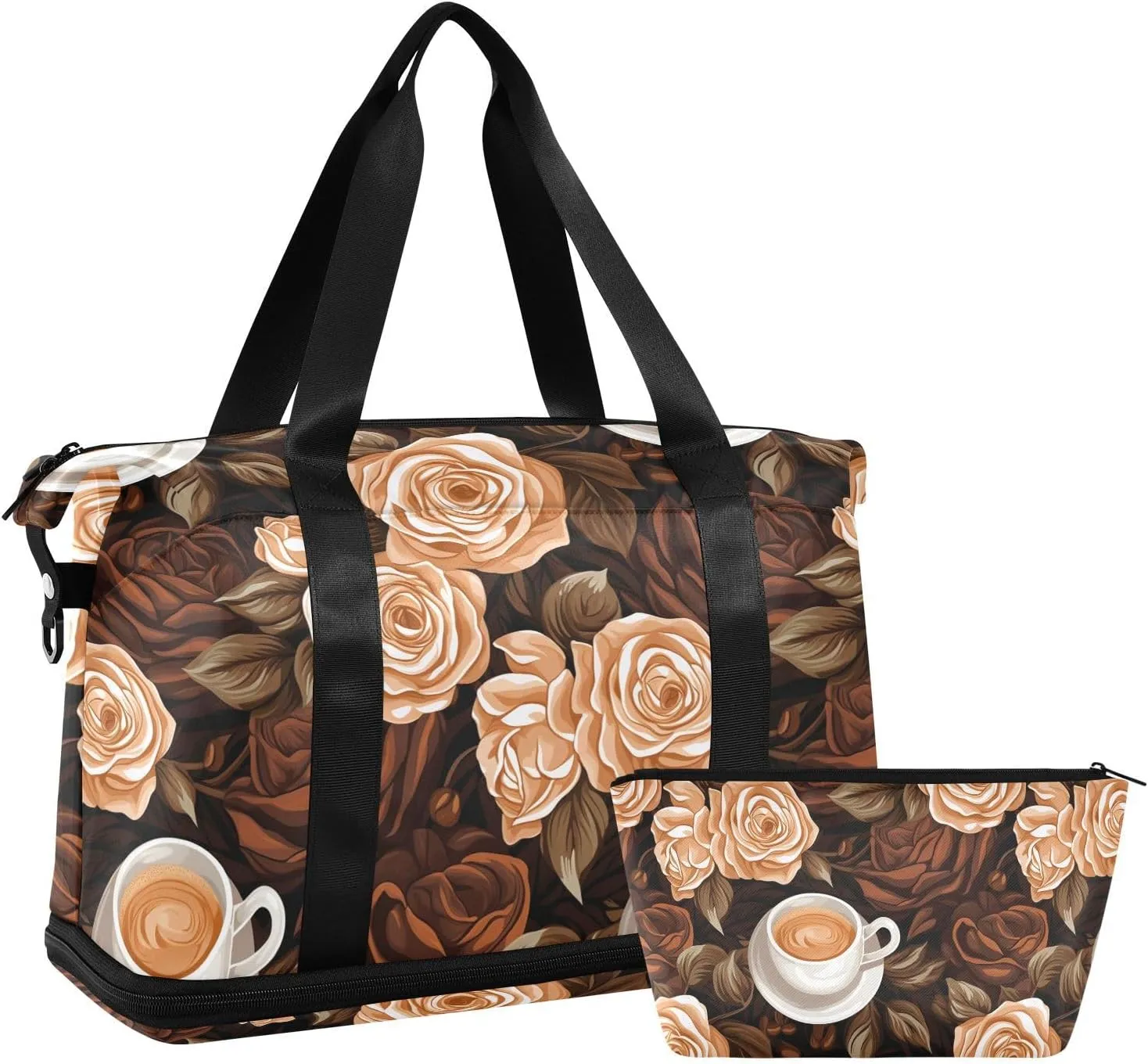 ALAZA Vintage Coffee Cups Flowers Roses Gym Bag Sports Duffel Bag with Shoes Compartment, Overnight Weekender Travel Tote Bag for Women Men Trip College