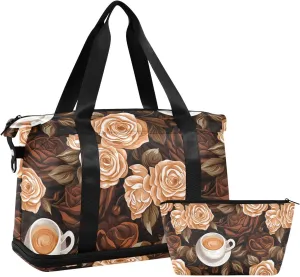ALAZA Vintage Coffee Cups Flowers Roses Gym Bag Sports Duffel Bag with Shoes Compartment, Overnight Weekender Travel Tote Bag for Women Men Trip College