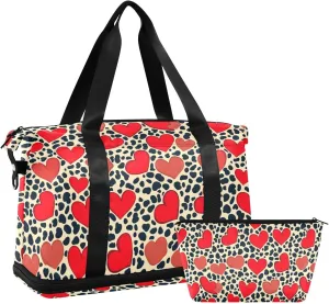ALAZA Vintage Hearts Leopard Spots Gym Bag Sports Duffel Bag with Shoes Compartment, Overnight Weekender Travel Tote Bag for Women Men Trip College