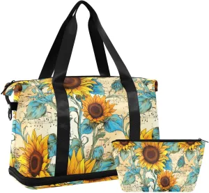 ALAZA Vintage Music Notes Sunflowers Gym Bag Sports Duffel Bag with Shoes Compartment, Overnight Weekender Travel Tote Bag for Women Men Trip College