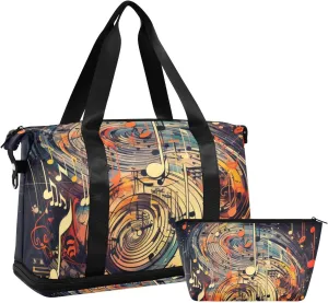ALAZA Vintage Style Music Notes Gym Bag Sports Duffel Bag with Shoes Compartment, Overnight Weekender Travel Tote Bag for Women Men Trip College
