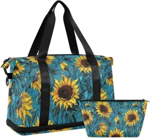 ALAZA Vintage Sunflowers Blue Background Gym Bag Sports Duffel Bag with Shoes Compartment, Overnight Weekender Travel Tote Bag for Women Men Trip College