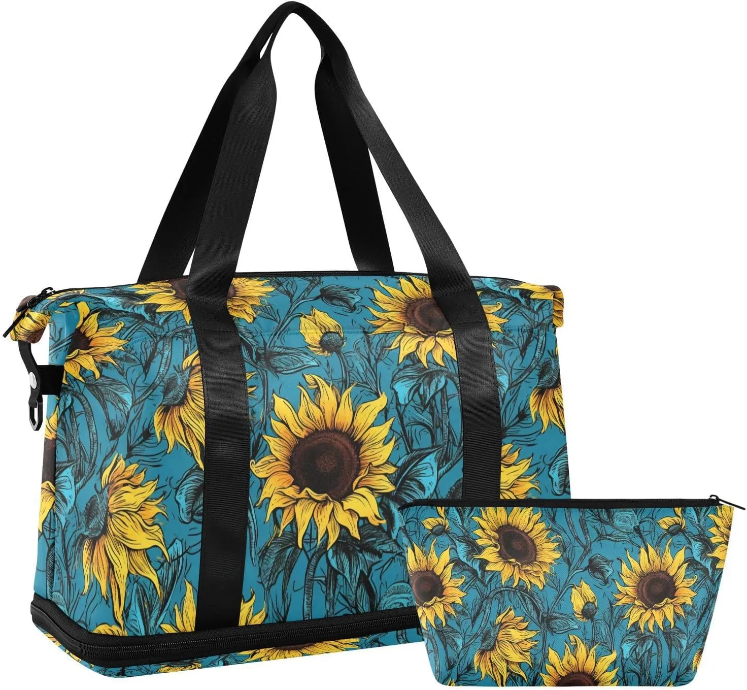 ALAZA Vintage Sunflowers Blue Background Gym Bag Sports Duffel Bag with Shoes Compartment, Overnight Weekender Travel Tote Bag for Women Men Trip College