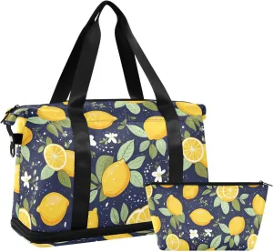 ALAZA Yellow Lemon Blue Background Gym Bag Sports Duffel Bag with Shoes Compartment, Overnight Weekender Travel Tote Bag for Women Men Trip College