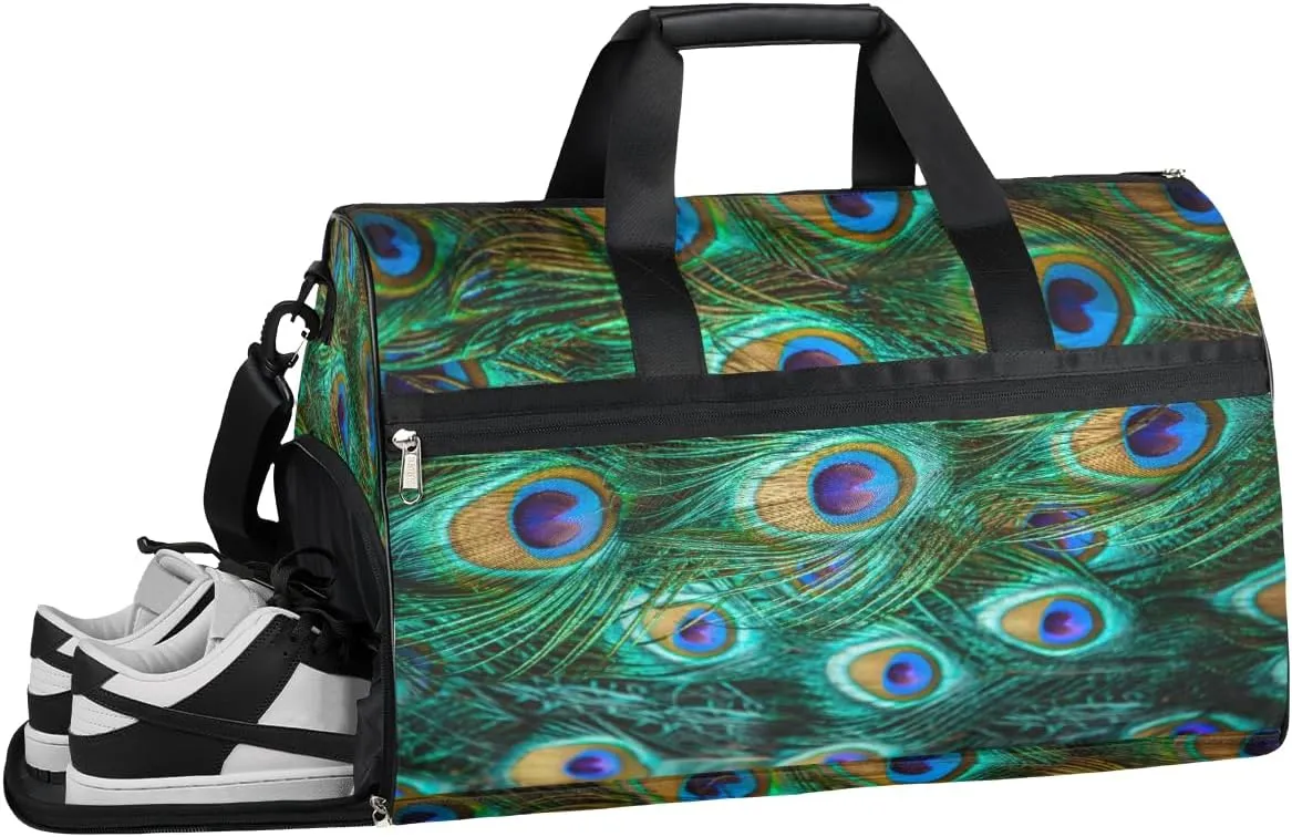 Animal Peacock Feathers Resistant Sports Gym Bag for Women Men Travel Duffel bag with Wet Pocket & Shoes Compartment Waterproof Weekender Bag 19.7"x9.9"x13"