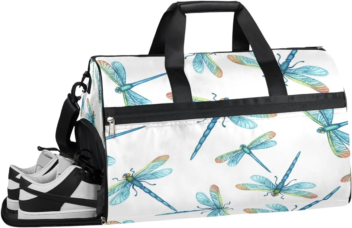 Art Dragonfly Print Resistant Sports Gym Bag for Women Men Travel Duffel bag with Wet Pocket & Shoes Compartment Waterproof Weekender Bag 19.7"x9.9"x13"