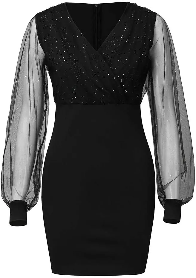 BAXLIMEK Cocktail Dresses for Women 2025 Trendy Mesh Long Sleeve Wedding Guest Dress Elegant Bodycon V Neck Club Party Dress
