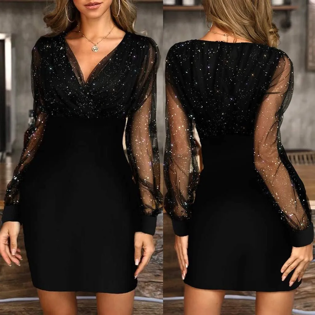 BAXLIMEK Cocktail Dresses for Women 2025 Trendy Mesh Long Sleeve Wedding Guest Dress Elegant Bodycon V Neck Club Party Dress