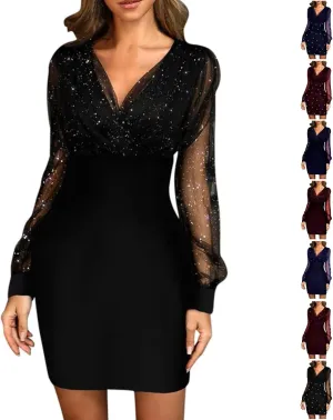 BAXLIMEK Cocktail Dresses for Women 2025 Trendy Mesh Long Sleeve Wedding Guest Dress Elegant Bodycon V Neck Club Party Dress