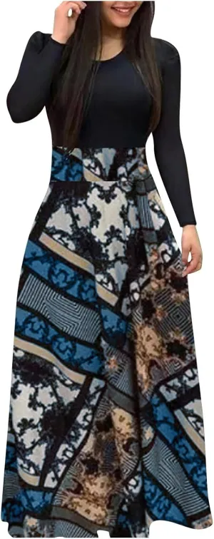 BAXLIMEK Maxi Dresses for Women,2025 Elegant Bodycon Crewneck Long Sleeve Dress Trendy Floral Print Flowy Wedding Guest Dress