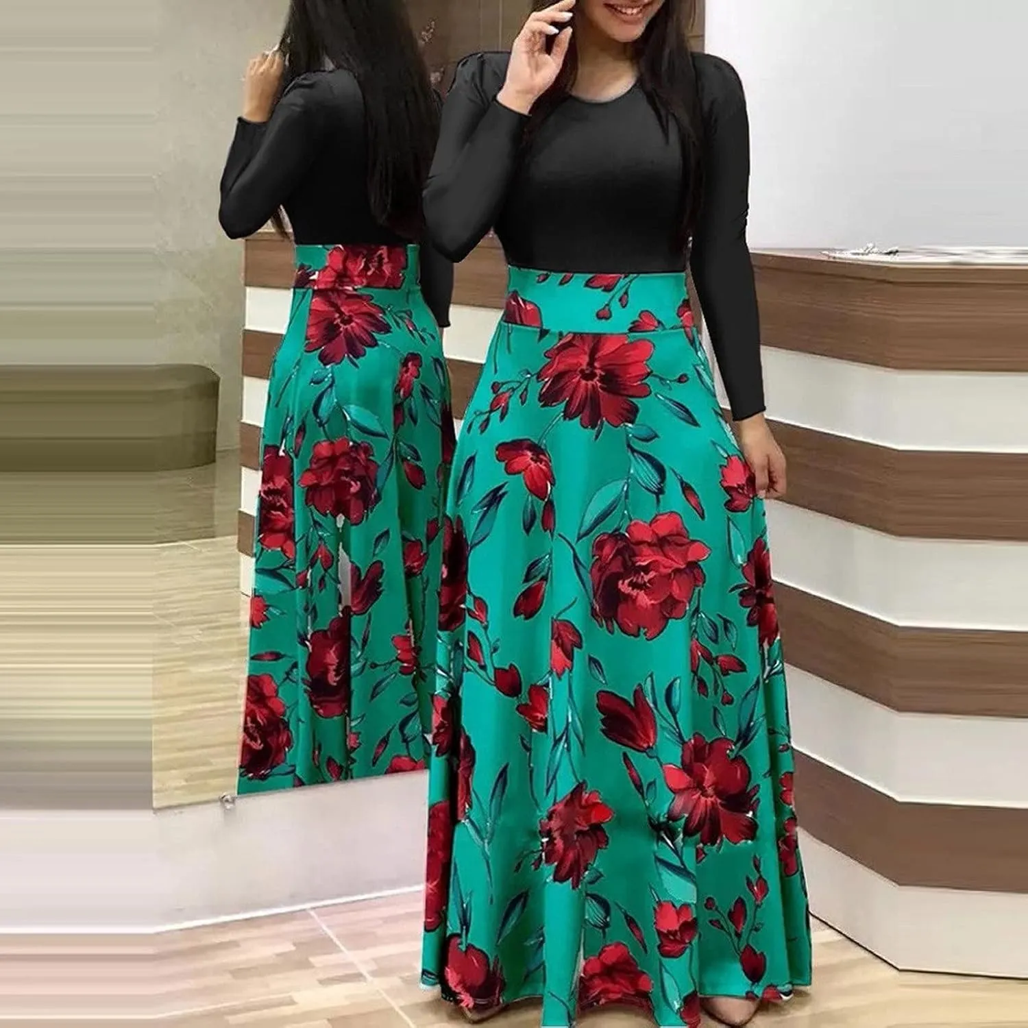 BAXLIMEK Maxi Dresses for Women,2025 Elegant Bodycon Crewneck Long Sleeve Dress Trendy Floral Print Flowy Wedding Guest Dress