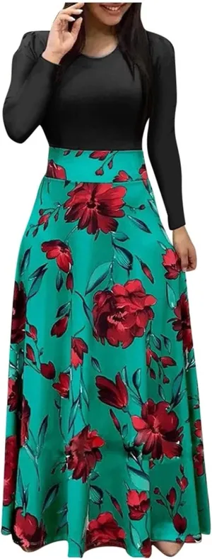 BAXLIMEK Maxi Dresses for Women,2025 Elegant Bodycon Crewneck Long Sleeve Dress Trendy Floral Print Flowy Wedding Guest Dress