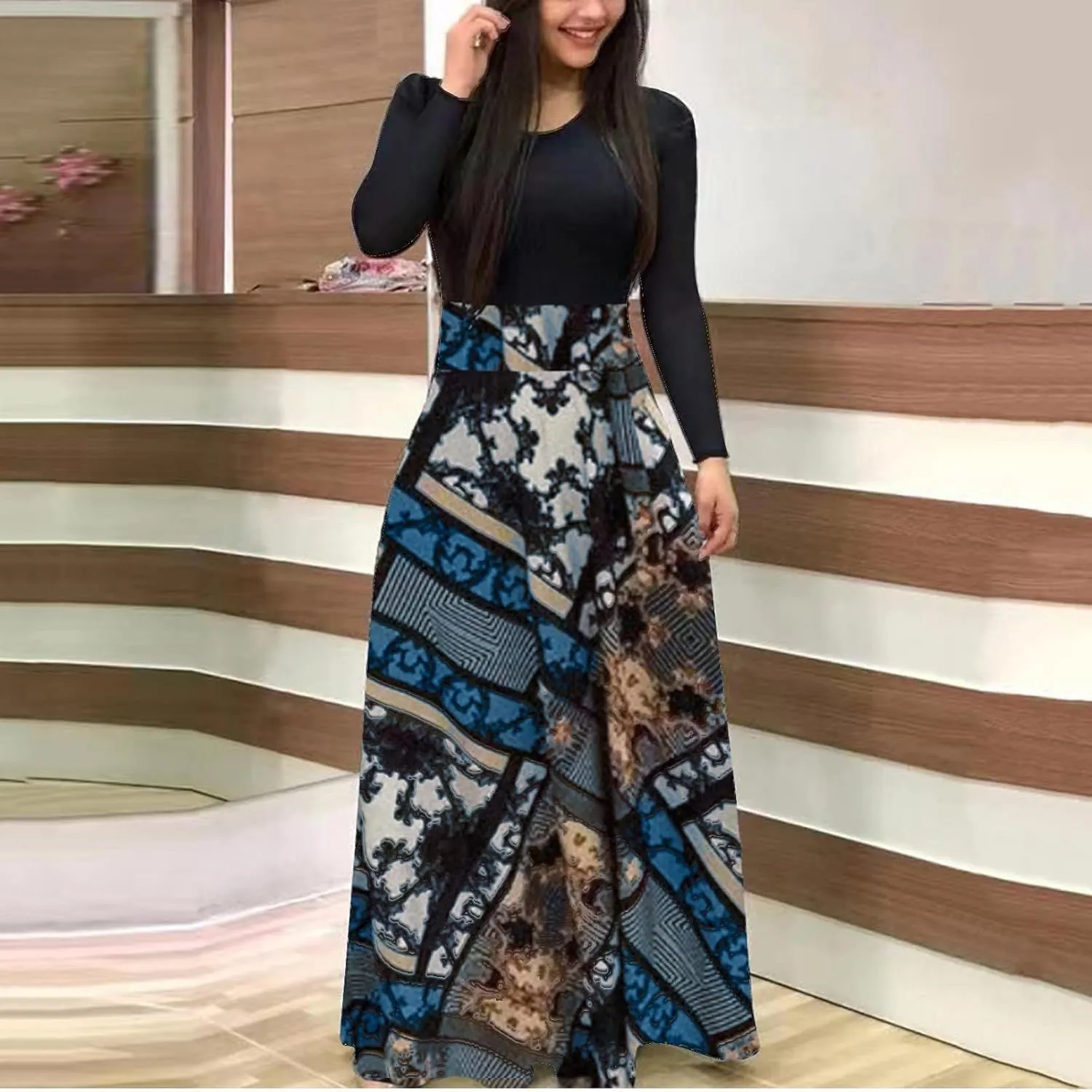 BAXLIMEK Maxi Dresses for Women,2025 Elegant Bodycon Crewneck Long Sleeve Dress Trendy Floral Print Flowy Wedding Guest Dress