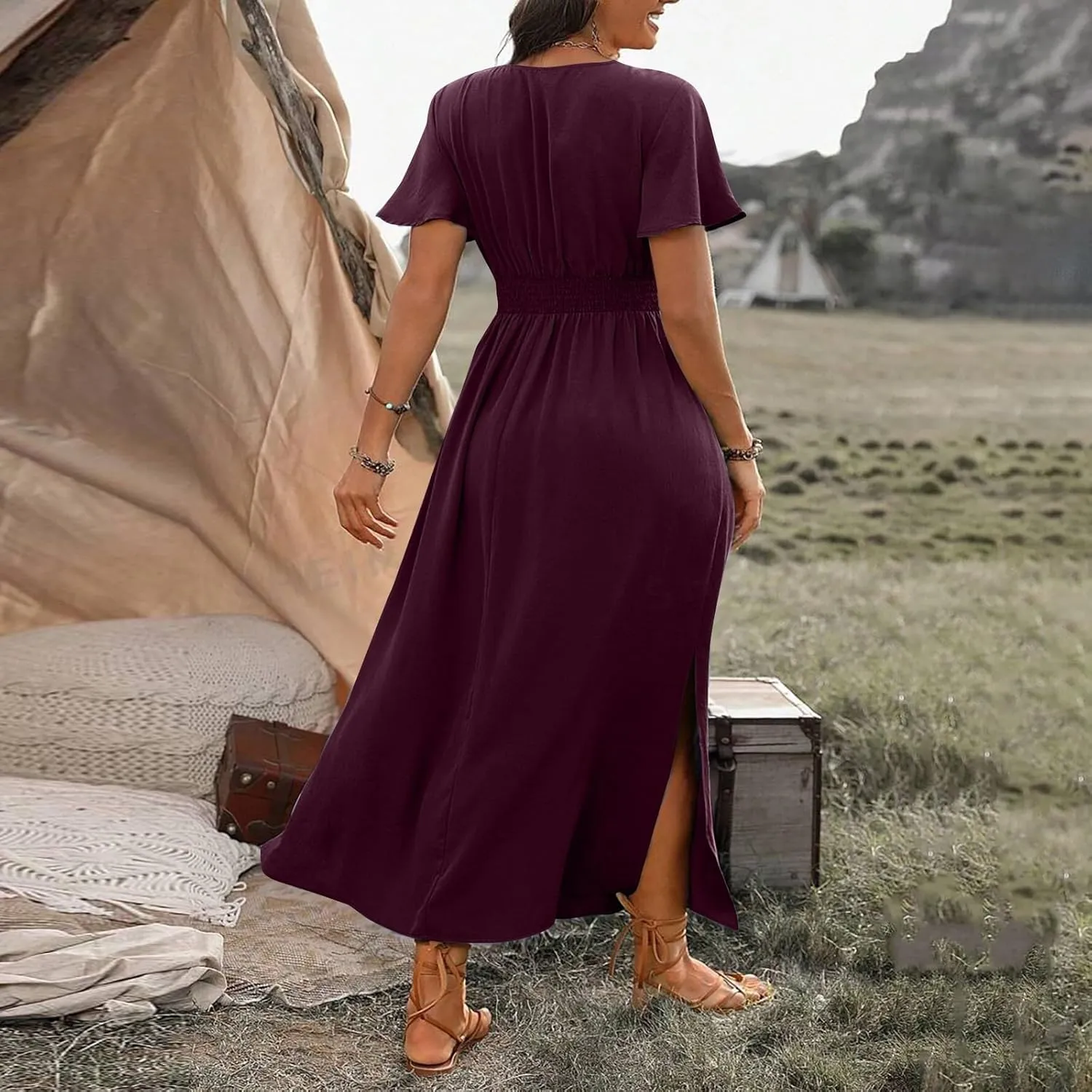 BAXLIMEK Maxi Dresses for Women,2025 Spring Summer Elegant V Neck Short Sleeve Beach Dress,Flowy Ruched Vacation Boho Dress