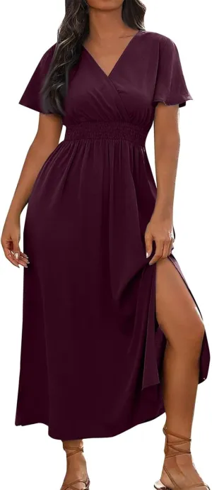 BAXLIMEK Maxi Dresses for Women,2025 Spring Summer Elegant V Neck Short Sleeve Beach Dress,Flowy Ruched Vacation Boho Dress
