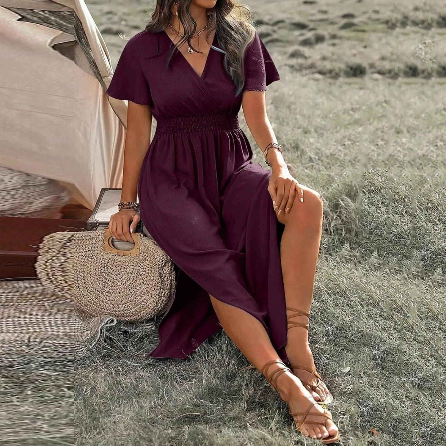BAXLIMEK Maxi Dresses for Women,2025 Spring Summer Elegant V Neck Short Sleeve Beach Dress,Flowy Ruched Vacation Boho Dress