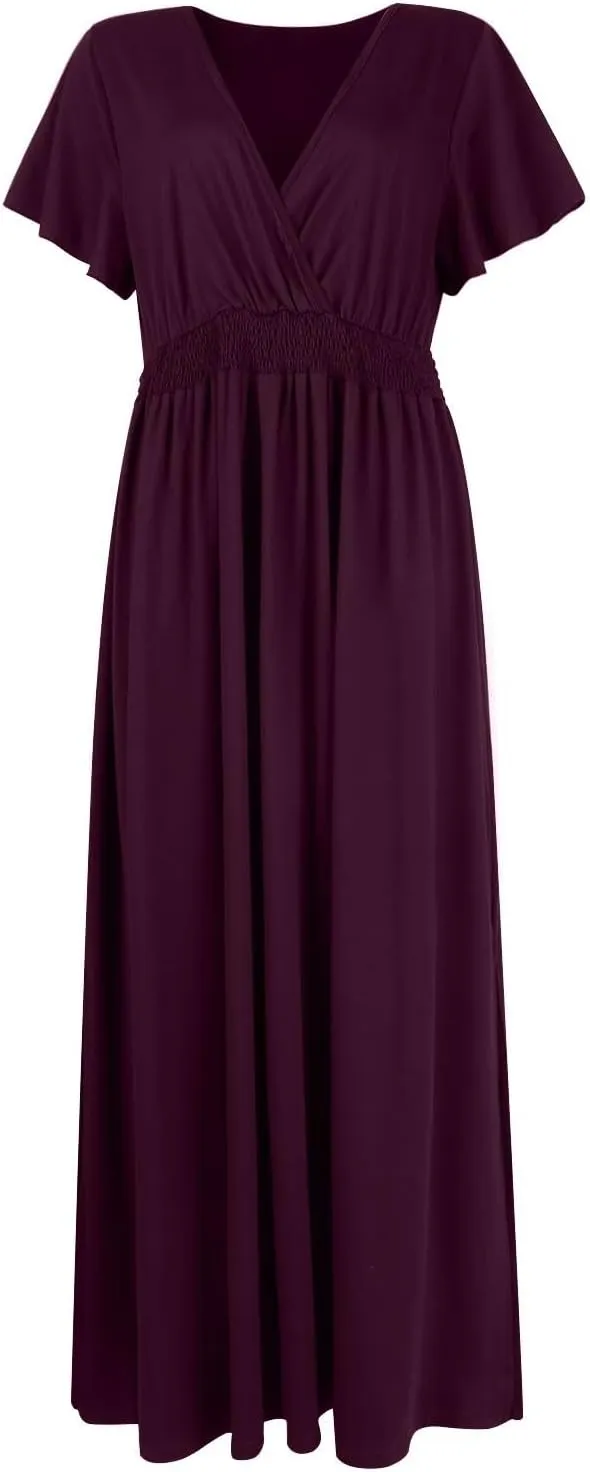BAXLIMEK Maxi Dresses for Women,2025 Spring Summer Elegant V Neck Short Sleeve Beach Dress,Flowy Ruched Vacation Boho Dress