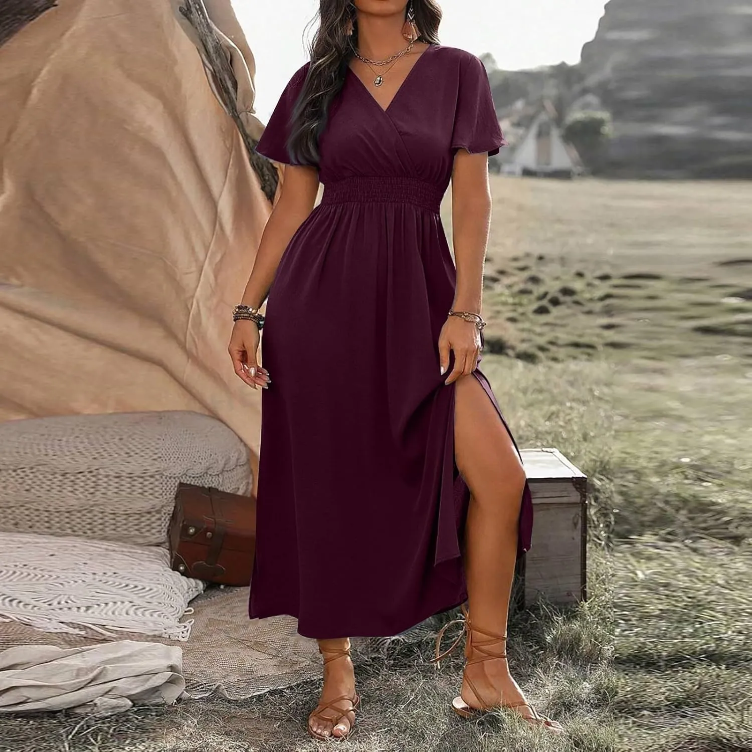 BAXLIMEK Maxi Dresses for Women,2025 Spring Summer Elegant V Neck Short Sleeve Beach Dress,Flowy Ruched Vacation Boho Dress