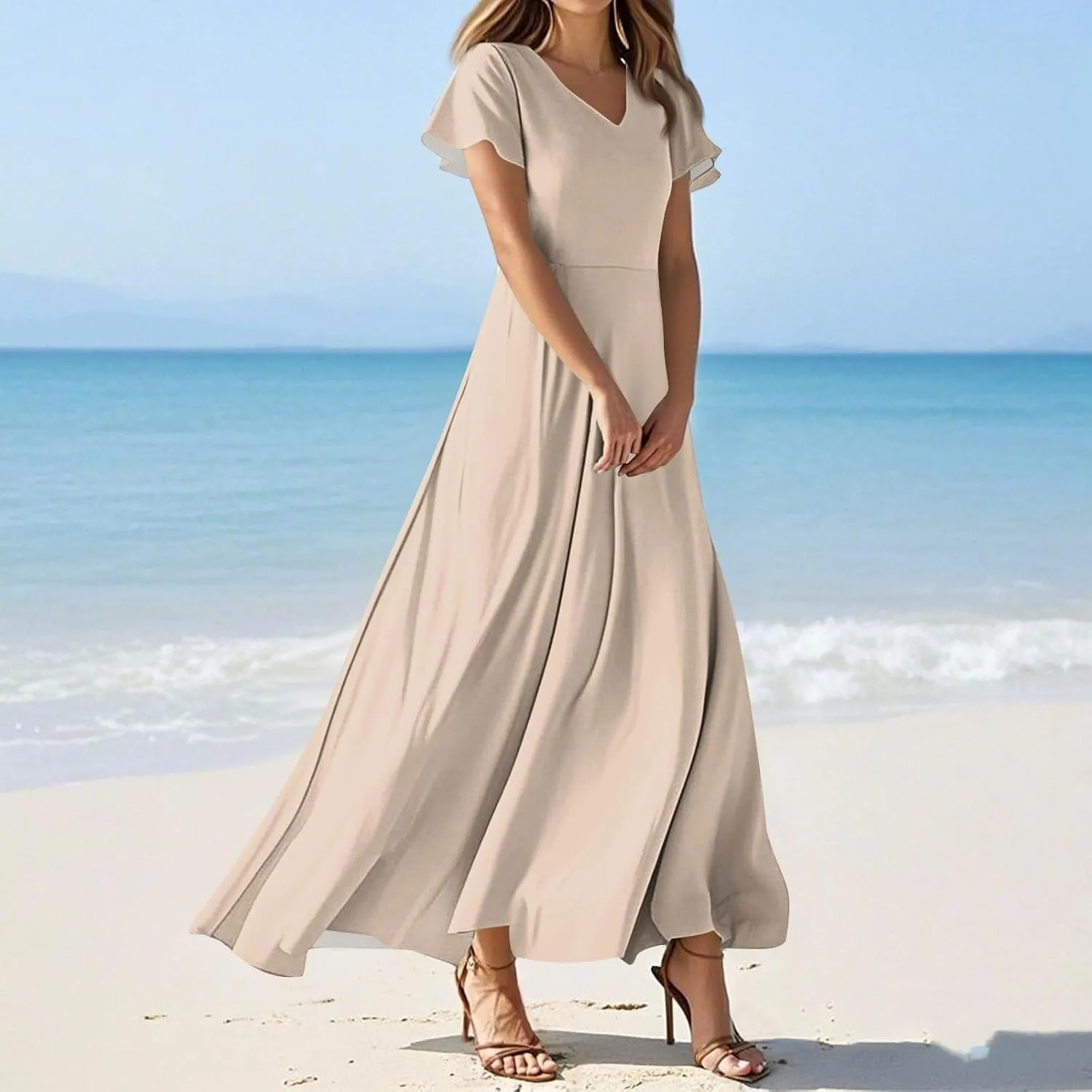 BAXLIMEK Maxi Dresses for Women,2025 Summer Trendy Floral Print V Neck Short Sleeve Beach Dress,Flowy Ruched Swing Boho Dress
