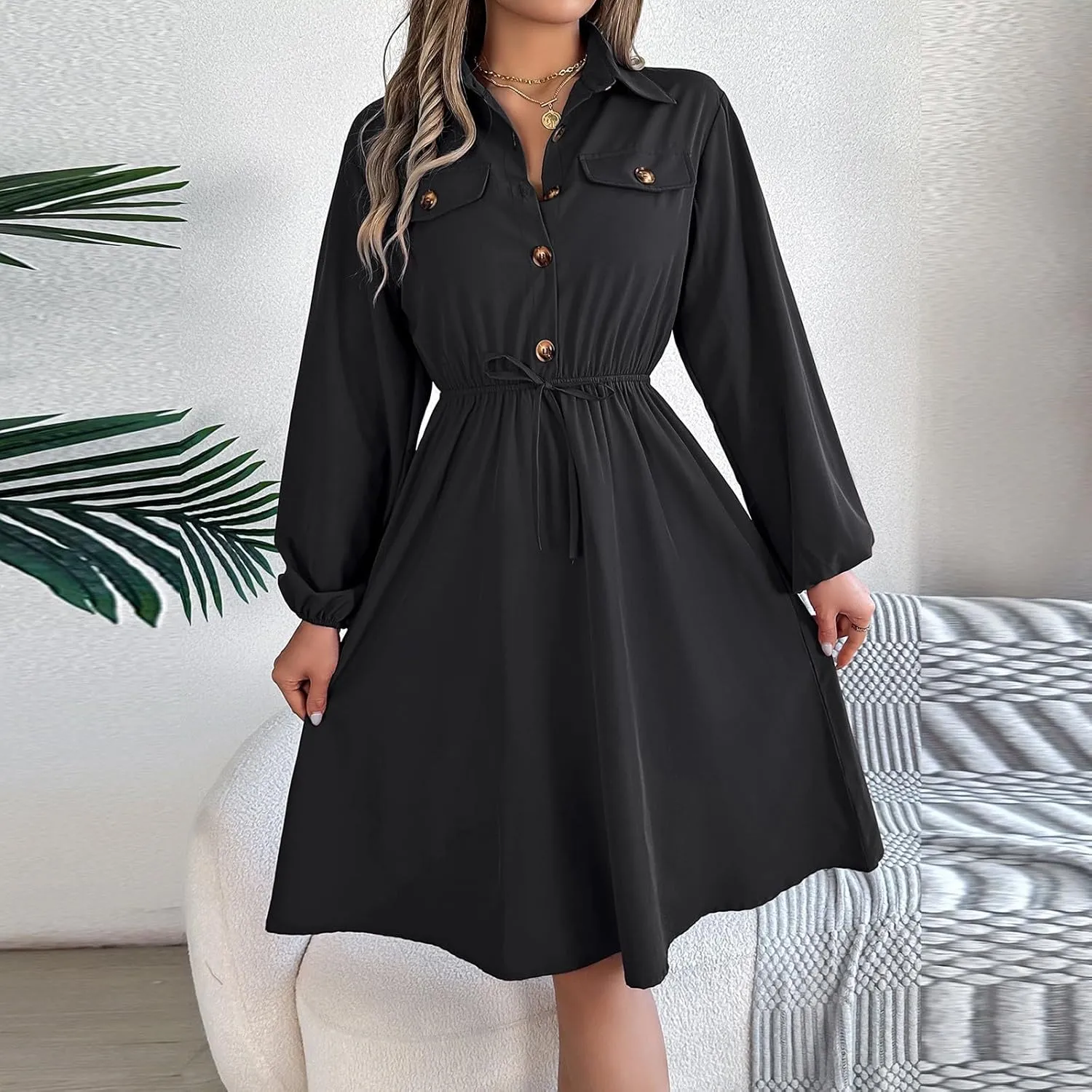 BAXLIMEK Midi Dresses for Women,2025 Spring Elegant Trendy Long Sleeve Dress Flowy Pleated A Line Vacation Dress Work Outfits
