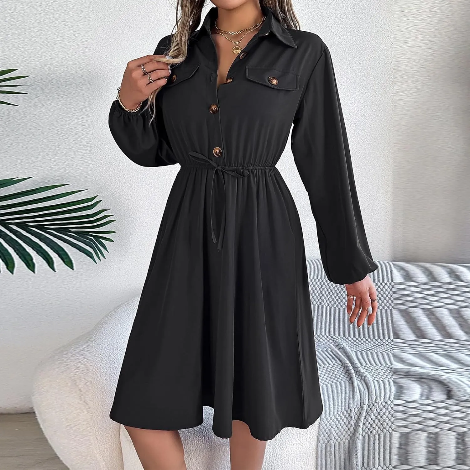 BAXLIMEK Midi Dresses for Women,2025 Spring Elegant Trendy Long Sleeve Dress Flowy Pleated A Line Vacation Dress Work Outfits