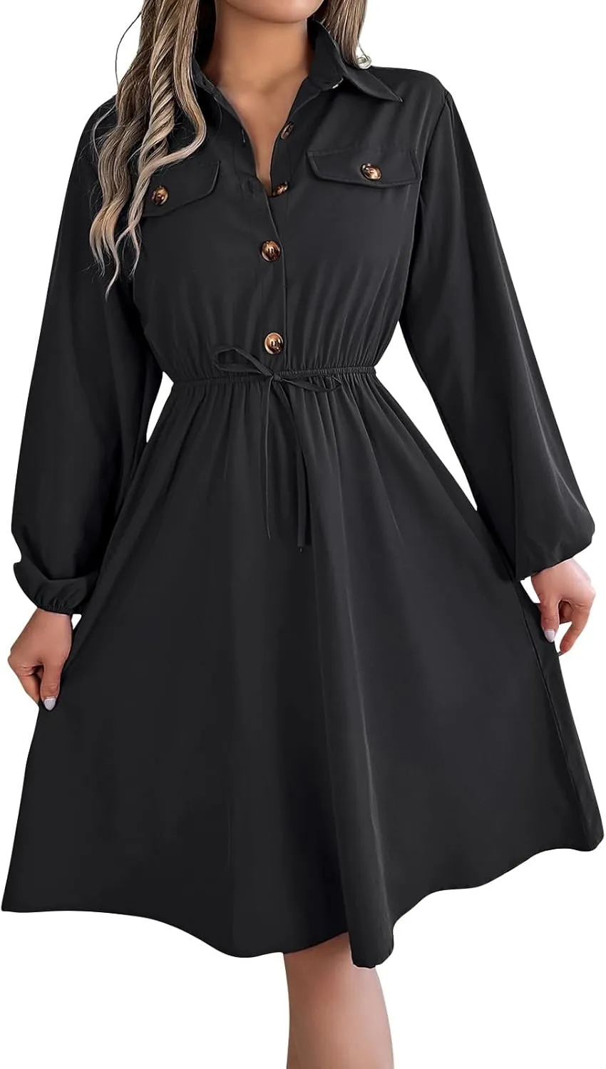 BAXLIMEK Midi Dresses for Women,2025 Spring Elegant Trendy Long Sleeve Dress Flowy Pleated A Line Vacation Dress Work Outfits