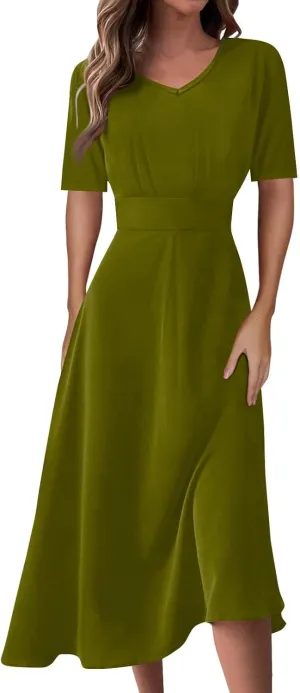 Beach Dresses for Women,2024 Summer Elegant Bodycon V Neck Short Sleeve Maxi Dress,Flowy Pleated Vacation Boho Dress