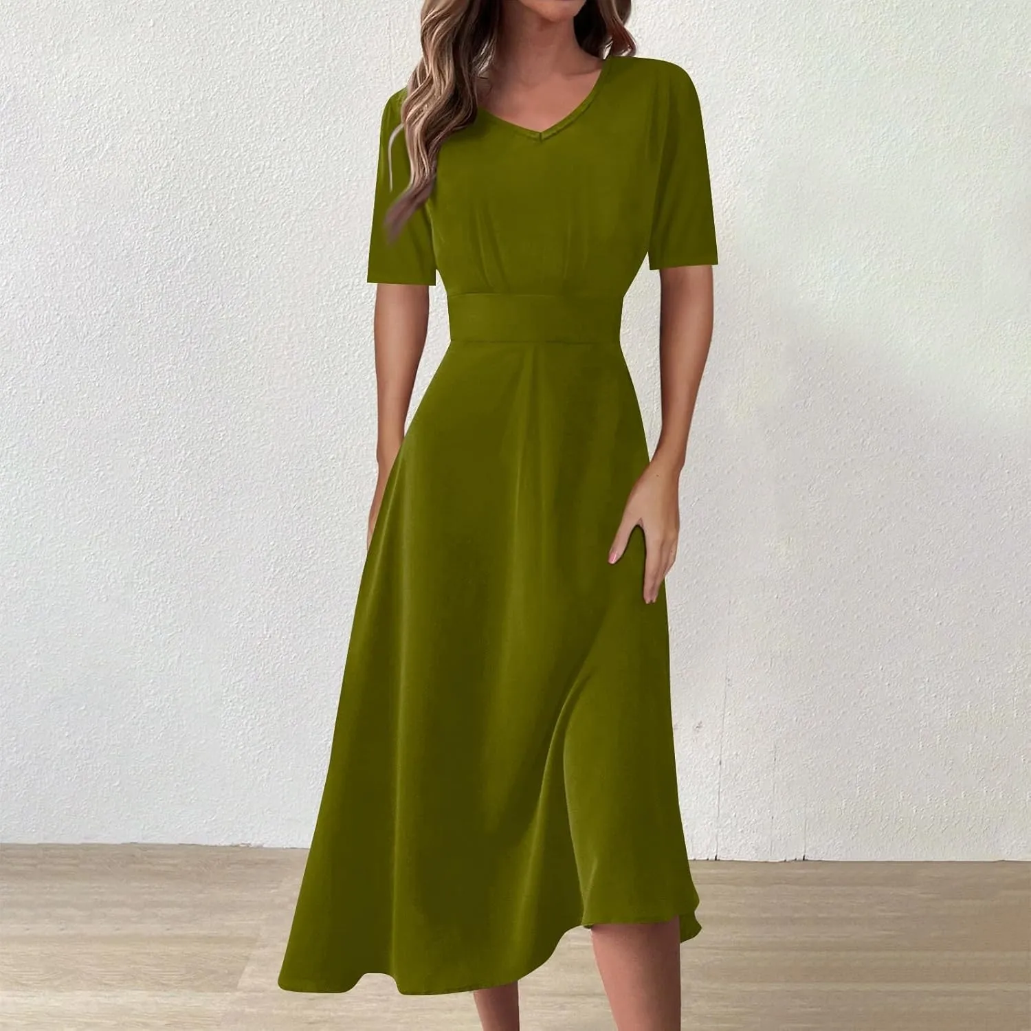 Beach Dresses for Women,2024 Summer Elegant Bodycon V Neck Short Sleeve Maxi Dress,Flowy Pleated Vacation Boho Dress