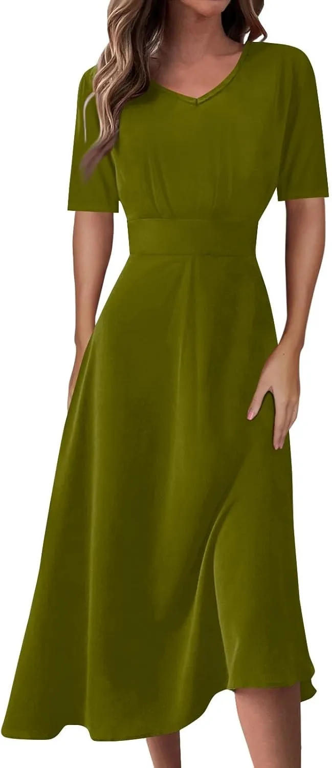 Beach Dresses for Women,2024 Summer Elegant Bodycon V Neck Short Sleeve Maxi Dress,Flowy Pleated Vacation Boho Dress