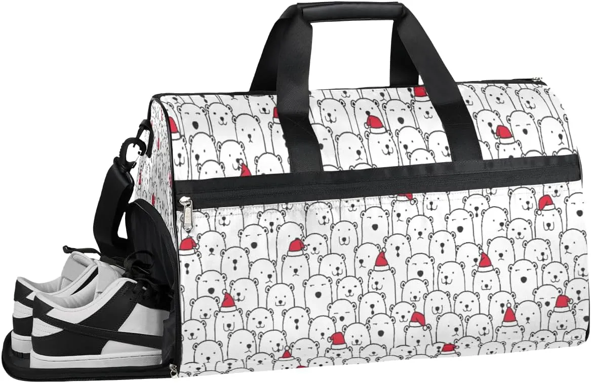 Bear Christmas Hat Resistant Sports Gym Bag for Women Men Travel Duffel bag with Wet Pocket & Shoes Compartment Waterproof Weekender Bag 19.7"x9.9"x13"