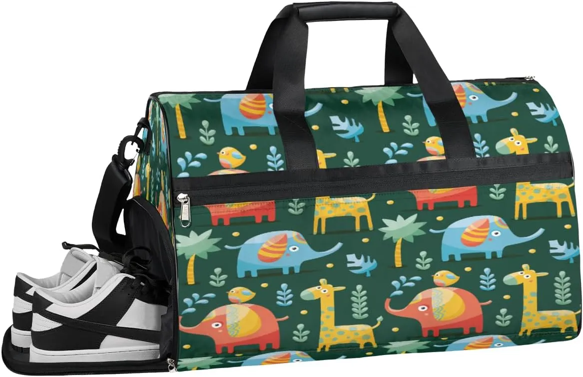 Birds Giraffe Elephant Resistant Sports Gym Bag for Women Men Travel Duffel bag with Wet Pocket & Shoes Compartment Waterproof Weekender Bag 19.7"x9.9"x13"