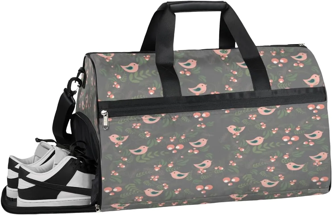 Birds Leaf Gym Bag for Men Women Fitness Workout Sports Duffle Bag with Shoes Compartment Dark Green Water Resistant Overnight Weekender Duffel Bag