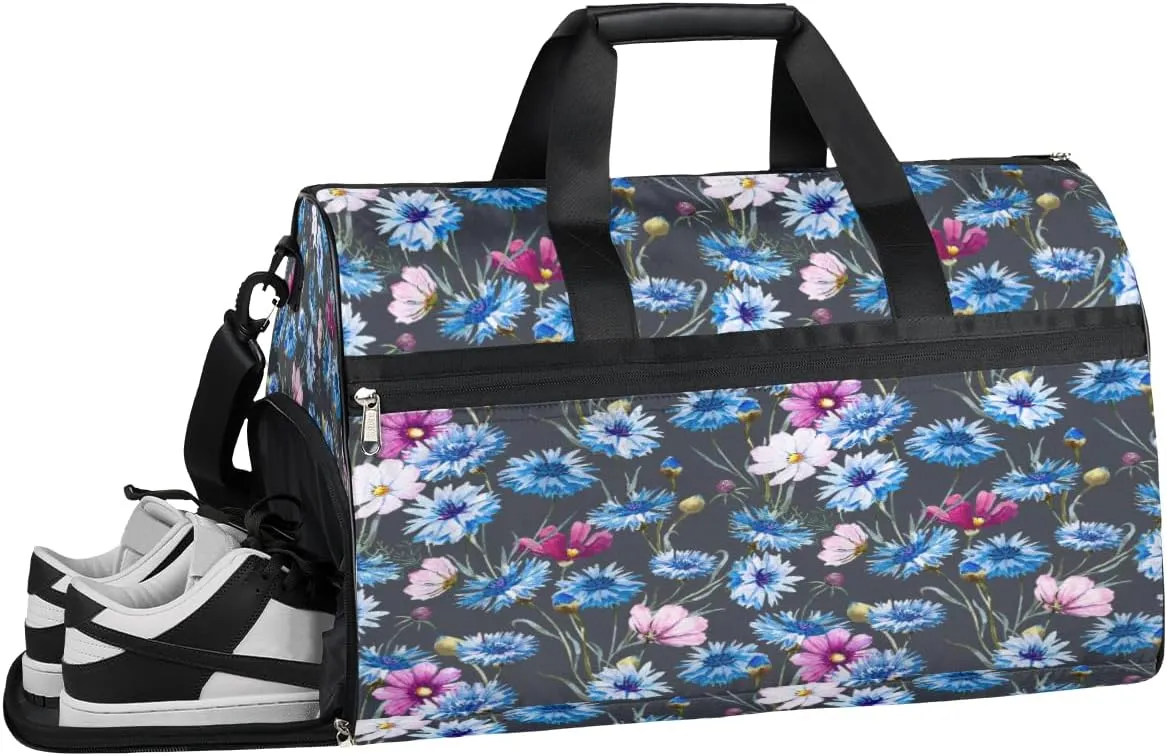 Blue Daisy Flowers Resistant Sports Gym Bag for Women Men Travel Duffel bag with Wet Pocket & Shoes Compartment Waterproof Weekender Bag 19.7"x9.9"x13"