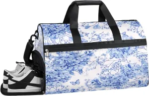 Blue Flowers Butterfly Resistant Sports Gym Bag for Women Men Travel Duffel bag with Wet Pocket & Shoes Compartment Waterproof Weekender Bag 19.7"x9.9"x13"