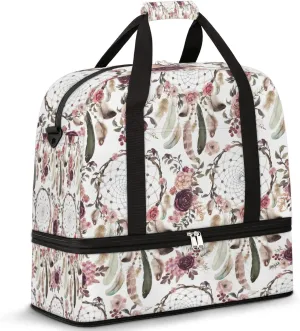 Bohemian Ethnic Dreamcatcher Rose Flower Foldable Travel Duffel Bag Tote Carry on Luggage Sport Duffle for Women Men Gym Bag Overnight Weekender Bags with Shoe Compartments and Shoulder Strap