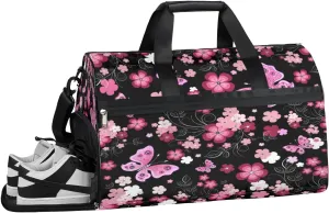 Butterfly Flowers Resistant Sports Gym Bag for Women Men Travel Duffel bag with Wet Pocket & Shoes Compartment Waterproof Weekender Bag 19.7"x9.9"x13"