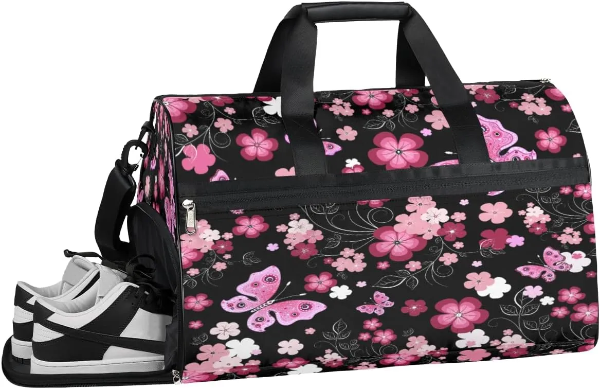 Butterfly Flowers Resistant Sports Gym Bag for Women Men Travel Duffel bag with Wet Pocket & Shoes Compartment Waterproof Weekender Bag 19.7"x9.9"x13"