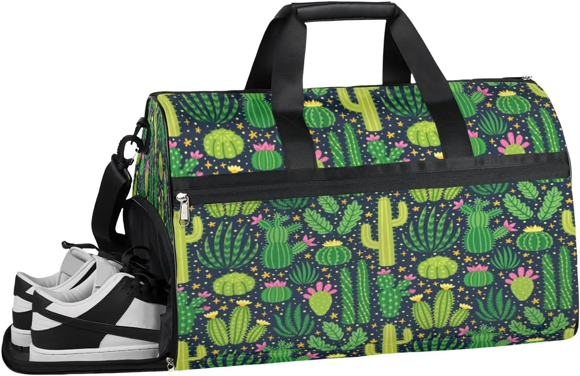 Cactus Print Resistant Sports Gym Bag for Women Men Travel Duffel bag with Wet Pocket & Shoes Compartment Waterproof Weekender Bag 19.7"x9.9"x13"