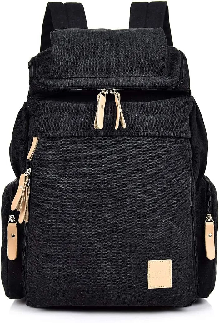 Canvas Backpacks, Women Men Laptop Backpack Rucksack Bookbag Unisex Daypacks School Backpack for Outdoor Sports Traveling Hiking Large Capacity (Black, 28X16X47cm)