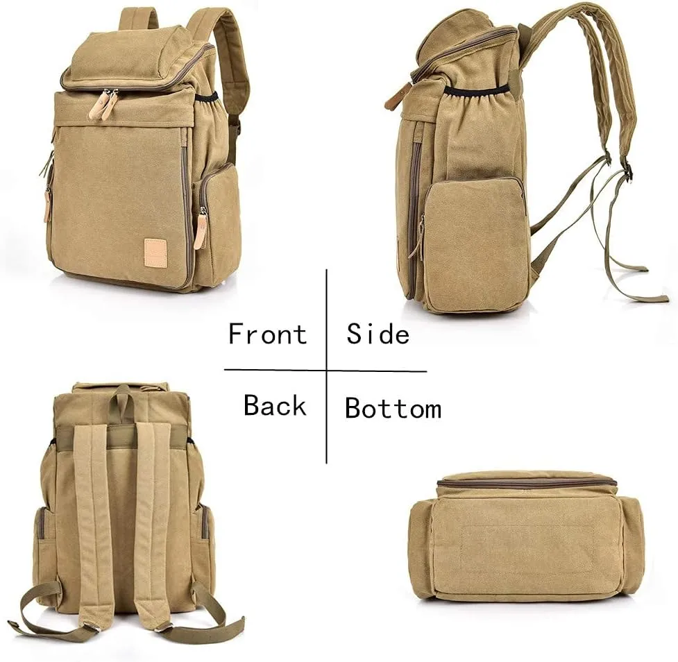 Canvas Backpacks, Women Men Laptop Backpack Rucksack Bookbag Unisex Daypacks School Backpack for Outdoor Sports Traveling Hiking Large Capacity (Khaki, 28X16X47cm)