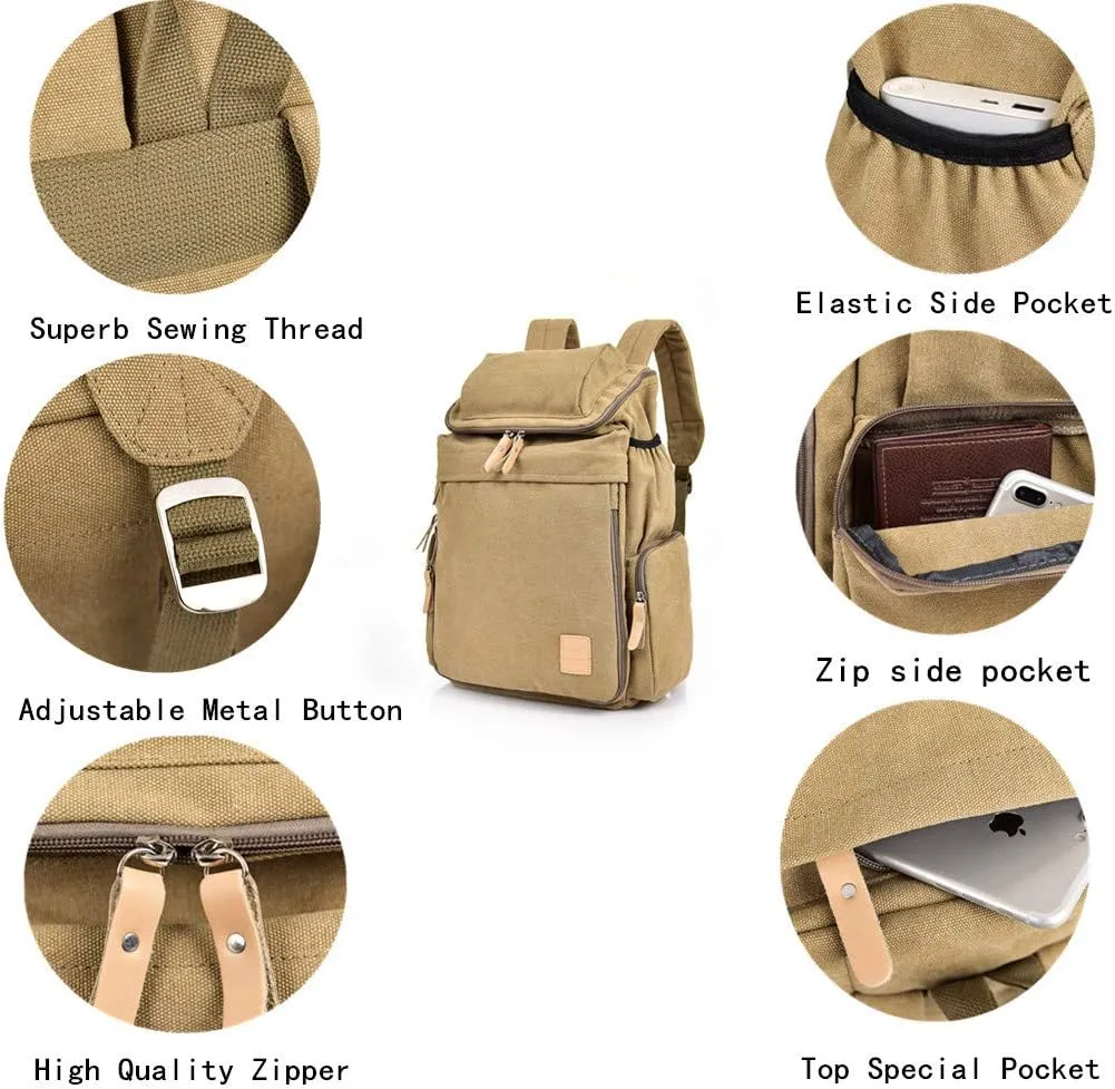 Canvas Backpacks, Women Men Laptop Backpack Rucksack Bookbag Unisex Daypacks School Backpack for Outdoor Sports Traveling Hiking Large Capacity (Khaki, 28X16X47cm)