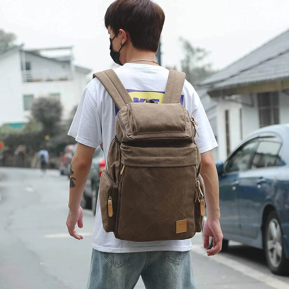 Canvas Backpacks, Women Men Laptop Backpack Rucksack Bookbag Unisex Daypacks School Backpack for Outdoor Sports Traveling Hiking Large Capacity (Khaki, 28X16X47cm)