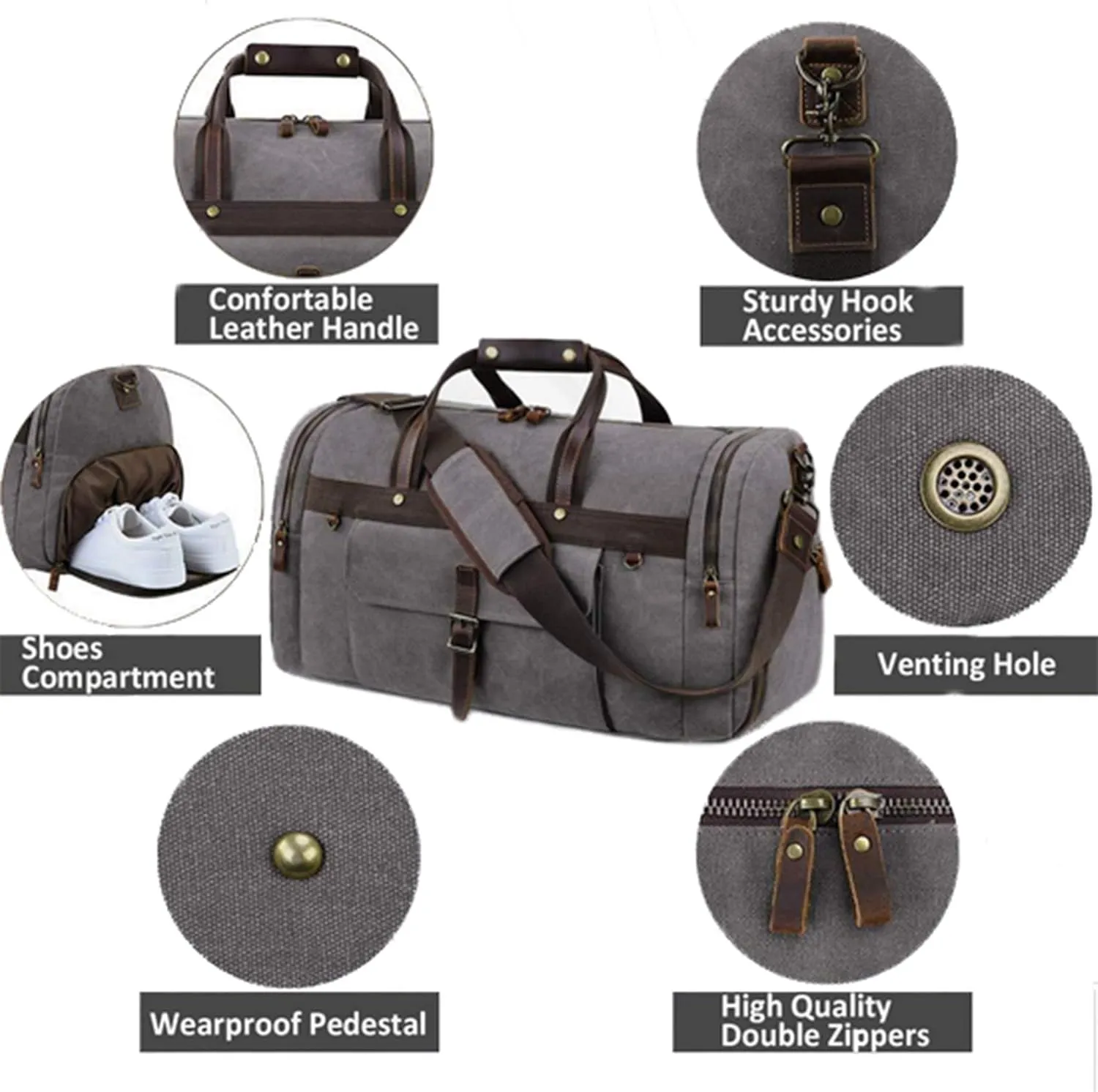 Canvas Travel Duffel Bag for Men 55L Large Capacity Duffel Overnight Weekend Bag Retro Carry on Bag Shoulder Handbag for Travel Business Sports School Outdoor (Dark gray)