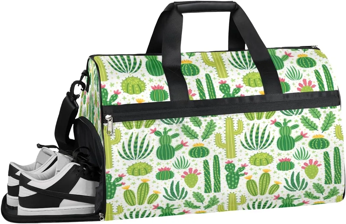 Cartoon Cactus Flower Resistant Sports Gym Bag for Women Men Travel Duffel bag with Wet Pocket & Shoes Compartment Waterproof Weekender Bag 19.7"x9.9"x13"